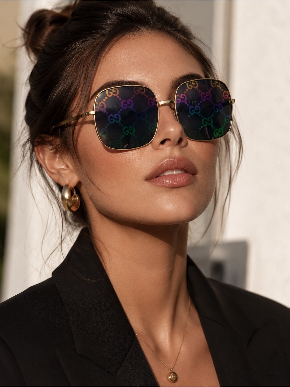Gucci Gold Frame Sunglasses with Rainbow GG Lens Print